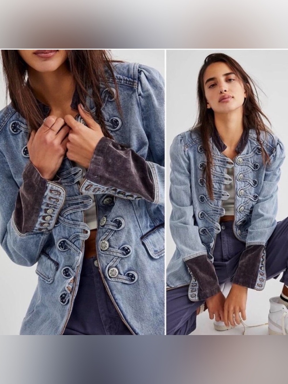 Free People Denim Military-Style Jacket with Contrast Cuffs